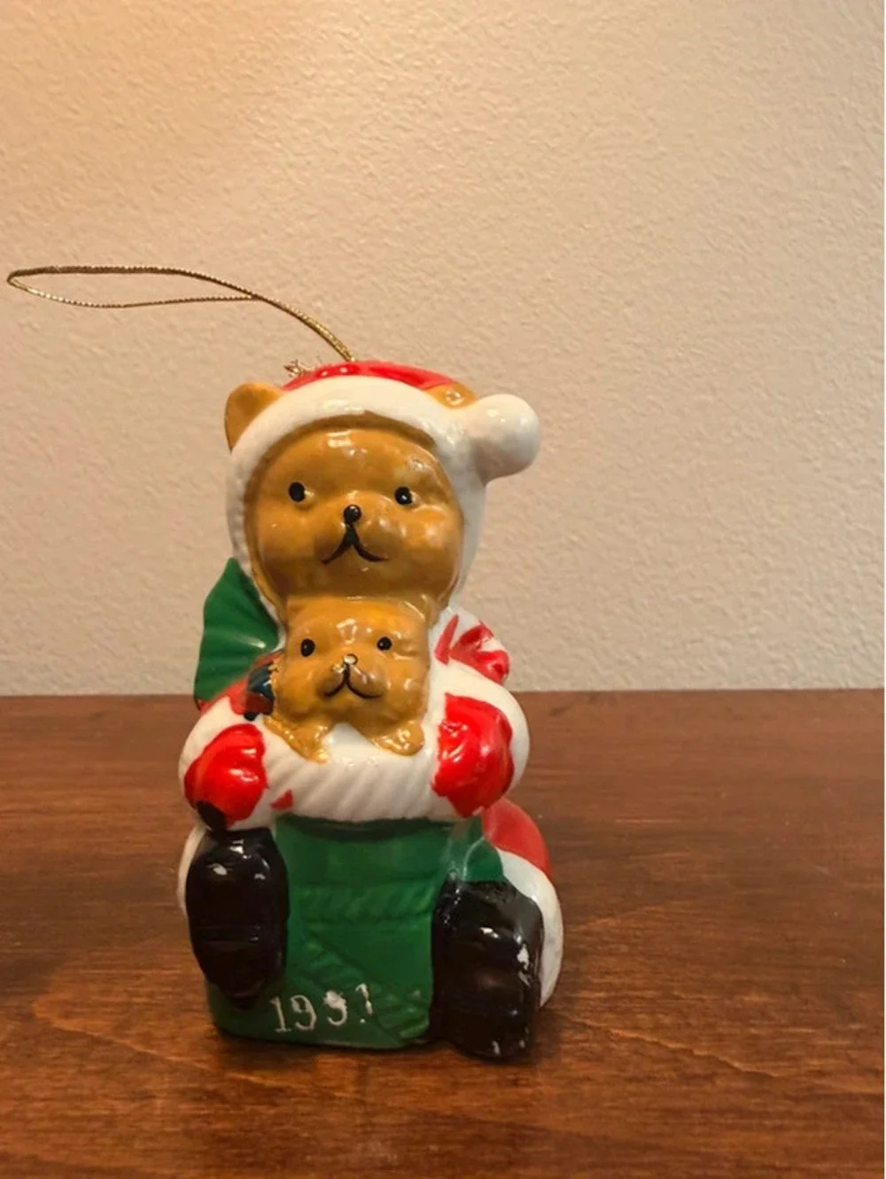 Vintage Santa Bear with Cub Ceramic Christmas Ornament 1991 Holiday Decor